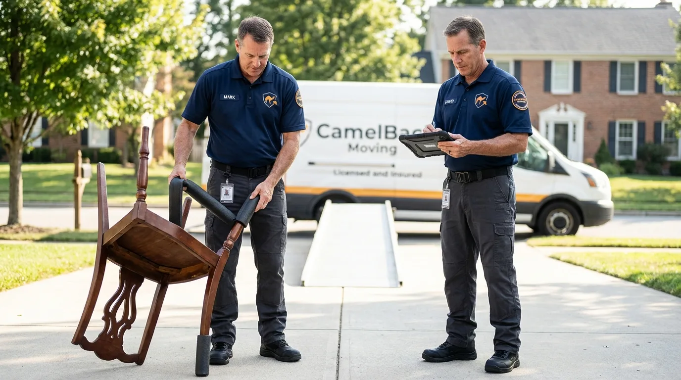Movers inspecting furniture for damage prevention before loading in Cedar City, UT