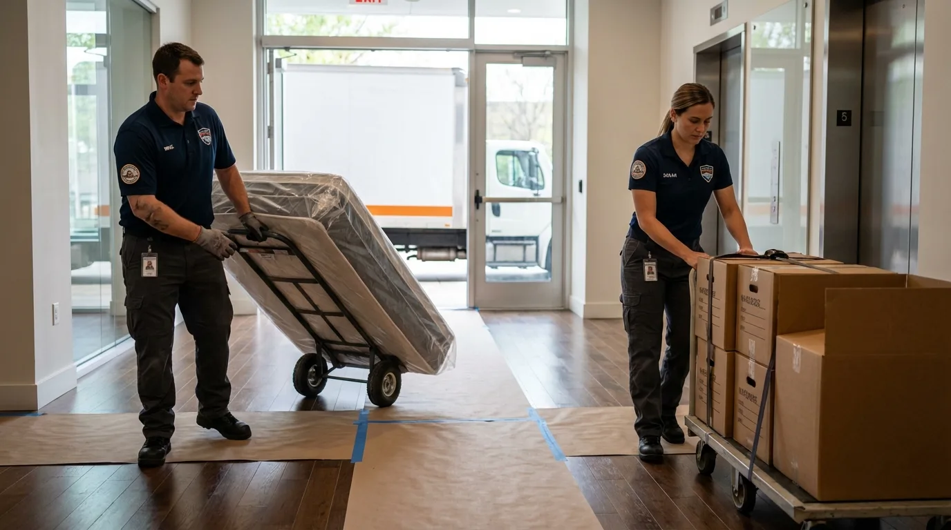 Professional apartment movers loading elevator in Cedar City, UT